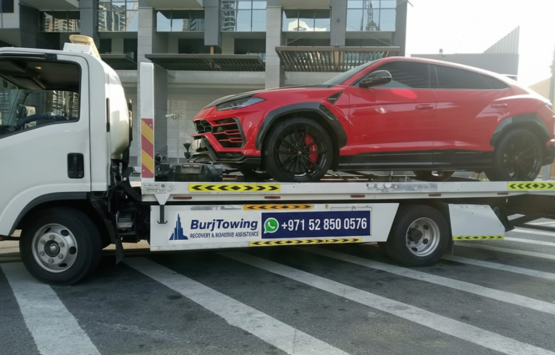 Luxury car recovery Dubai - Lamborghini Urus on BurjTowing flatbed